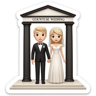 A 3D cartoon courthouse wedding venue with a bride and groom standing at the entrance, elegant white columns, soft natural lighting, simple modern decor, minimal background, realistic Memoji-style rendering. sticker