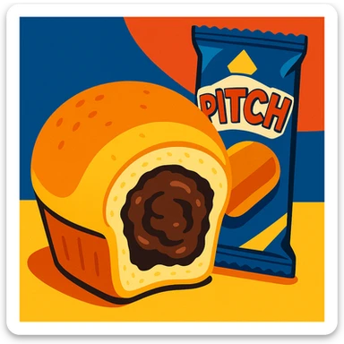 A close-up of a Brioche Pasquier pitch snack with a bite taken out, showing the rich chocolate interior, in a vibrant, mouthwatering illustration sticker