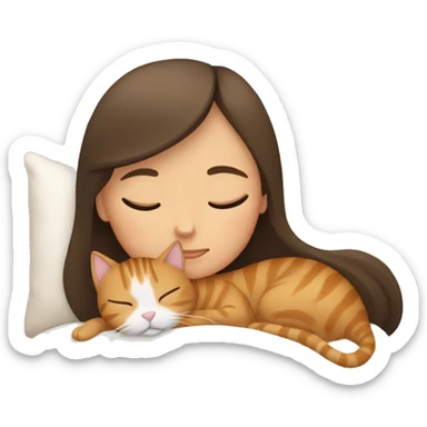 brunette girl sleeping with tan tabby cat  sticker