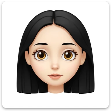 Crear emoji de una chica de piel blanca ojos grandes negro pelo lacio negro con raya al medio tierna, dulce y alegre sticker