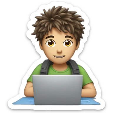 messy haired boy working on a laptop sticker