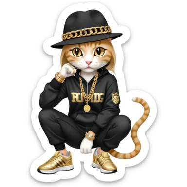 female cat dressed like Run DMC in tracksuit, fedora, Adidas shoes, lots of gold chains, rings, bracelets, earrings, whispering to a friend, no sunglasses sticker