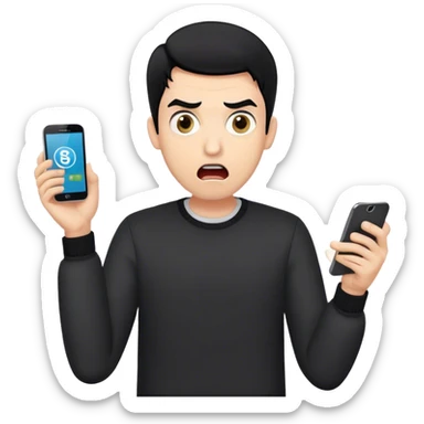 A surprised man with black hair holding a smartphone, wide eyes and open mouth, showing a banking app with a negative balance or notification of stolen money, hands in a shocked gesture, light skin tone, modern clothing, simple emoji style sticker