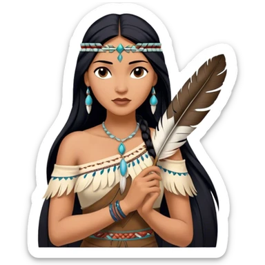 Cinematic Realistic Pocahontas Portrait, depicted with lifelike skin texture, soft natural lighting, and intricately detailed long, flowing raven-black hair that moves gracefully in the wind. Her deep, soulful dark brown eyes exude wisdom and strength, complemented by a serene yet powerful expression. She is shown gently holding a feather in one hand, her other hand resting lightly at her side, embodying the harmonious balance between nature and herself. She is dressed in her classic one-shoulder native American dress, with rich fabric textures and delicate beaded details that catch the light beautifully. The portrait features a soft, sun-kissed glow with a natural, radiant finish, capturing the essence of untamed beauty and deep connection to nature in a realistic and painterly style, evoking a sense of depth and authenticity. sticker