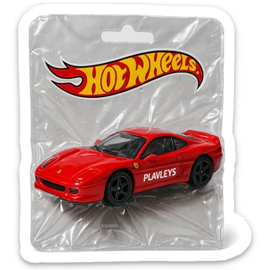 red Ferrari with 'PLAVLEYS' text on the side, packaged in a Hot Wheels blister pack, shiny and inflated, no background sticker