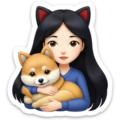A beautiful girl with long black hair hugs a Shiba Lnu sticker