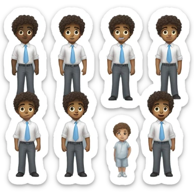 Little young  gentleman wearing a grey suit with white shirt and baby blue tie with blue eyes , black boy and brown curly hair and full body . Wearing a watch  sticker