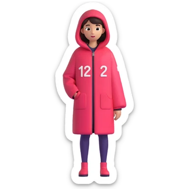A girl with sideways hair, wearing a Squid Game-style coat with the number 120 on the right side of the coat, 3D emoji style sticker