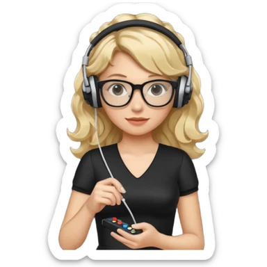
gamer, woman with blond wavy hair, tight black dress with a white line with glasses, headphone, gamepad sticker