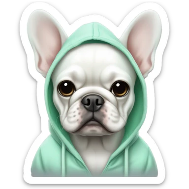 White French bulldog with a hoodie that is mint colored sticker