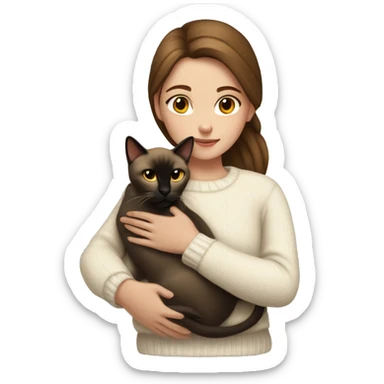 a girl with brown hair, in a white sweater, hugs a Siamese cat. sticker