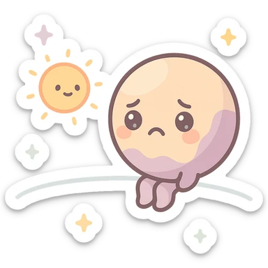a lonely Pluto sitting on the edge of the solar system, looking back at the sun with a sad expression, wishing to be a planet again, cute kawaii style sticker