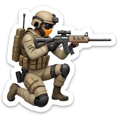 A skilled airsoft player in tactical gear, aiming a gun and shooting metal BBs in a desolate, ruined landscape. The setting is filled with broken walls and debris, creating a tense atmosphere of strategy and precision in a high-stakes tactical environment sticker