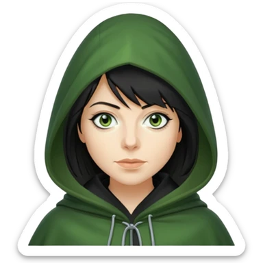 claudia winkleman as a traitor with a green hooded cloak and dark black eyeliner sticker