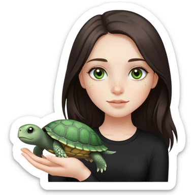 pretty girl, she has dark brown hair, long length hair and straight, grayish green eyes, and long eyelashes, the girl has freckles and pale skin, she’s wearing black top and holding a turtle in her hand  sticker