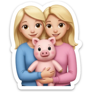 Girlfriends, one blonde and one brunette, hugging each other with a teddy bear and a little pig sticker