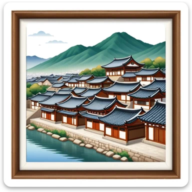 Cinematic Realistic Bukchon Hanok Village Landmark Emoji, depicted with traditional Korean houses set against a scenic backdrop rendered with detailed textures and warm, inviting lighting. sticker