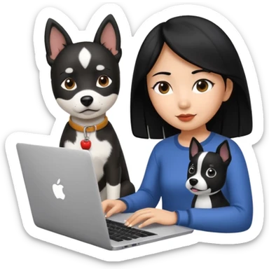 Asian girl with black hair working on an Apple laptop, next to her is a black and white dog sticker