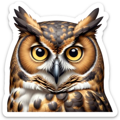 Cinematic Deep Thought Great Horned Owl Portrait Emoji, Head held high with a calm, reflective gaze, showcasing a beautifully mottled plumage and piercing golden eyes that seem to ponder the mysteries of the night, Simplified yet majestically refined features, highly detailed, glowing with a soft, contemplative light, high shine, poised and thoughtful, stylized with an air of profound introspection, capturing the essence of an owl deeply engaged in thought, so thoughtful it feels like it could silently share timeless secrets from beyond the screen! sticker