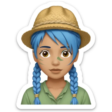 messy green full face clay mask and tourist hat blue hair braid sticker