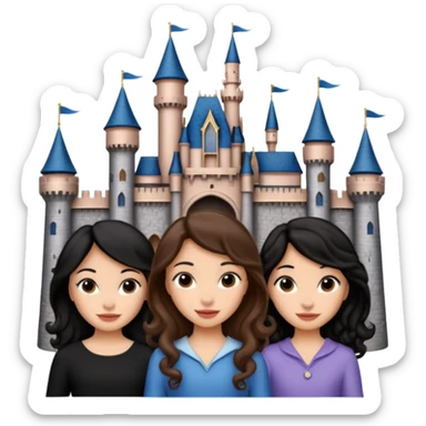 Quiero que crees una imagen donde este el castillo de Disney y por detrás o delante pon a 4 chicas: una con el pelo largo rizado marrón , otra con el pelo muy corto negro, otra con el pelo mediano liso marrón y otra con el pelo negro largo liso sticker