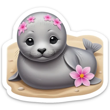 A small, slim baby seal resting gracefully on a sandy beach, with a delicate pink flower placed on its head.  Grey color sticker