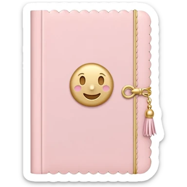 Cute pastel emoji illustration of a soft pink journal with scalloped edges, tiny gold dot details, and a small tassel charm, cozy and elegant stationery vibe sticker