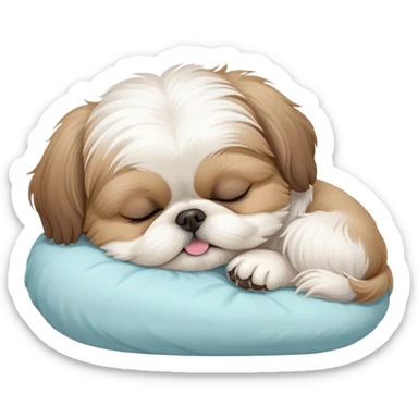 Meme-Worthy Cute Sleeping Shih Tzu Portrait Emoji, Head resting peacefully with a tender, contented smile and eyes delicately closed in serene slumber, showcasing a luxuriously fluffy fur in soft pastel tones, simplified yet irresistibly adorable, highly detailed, glowing with a warm, drowsy radiance, high shine, exuding calm, cozy charm, styled with a gentle, soft glowing outline, capturing the essence of a sleeping Shih Tzu that radiates utterly adorable, sleepy bliss! sticker