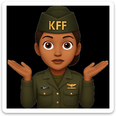 Make the girl's hairstyle a bun and add an army KFF (military cap) while keeping her brown skin, brown hair, and army attire. Keep the shrugging pose and emoji style. sticker