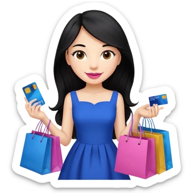 Girl with long black hair, pink lipstick, brown eyes holding shopping bags and blue credit card and wearing a dress  sticker