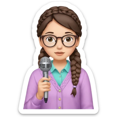 A shy braid brunette singer girl in pastel clothes with glasses, holding the mic with both hands. sticker