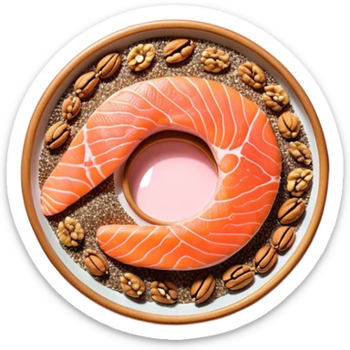 Floating arrangement of omega-3 rich foods: fresh salmon fillets, walnuts, flaxseeds, chia seeds and golden omega-3 capsules, all emitting a soft golden glow. The foods orbit around a central shimmering omega symbol, with gentle flowing energy connecting them. sticker