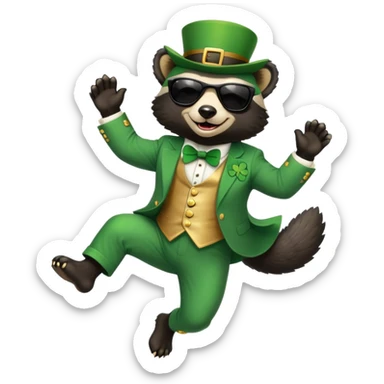 friendly anthropomorphised honey badger in a classic leprechaun suit with shamrock accessories, wearing sunglasses, jumping, St. Patrick's Day, no beer sticker