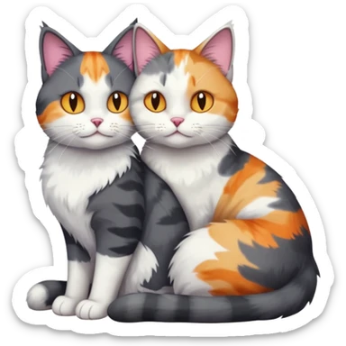 full body large dark grey and white cat cuddling a colourful light patched calico + white tabby cat  sticker