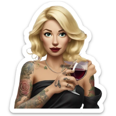 Blonde elegant women, her body covered with tattoos, wine in her one hand, pointing forward with her other hand , Hyper realistic sticker