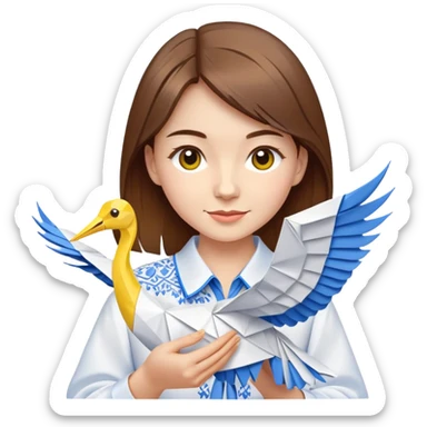 A happy Ukrainian young girl with brown hair in a white embroidered shirt makes an origami of a yellow and blue crane sticker