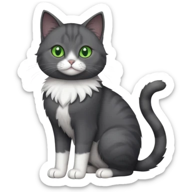 full body view of beautiful female solid dark grey cat with green eyes, white toes/paws and white patch on her chest sticker