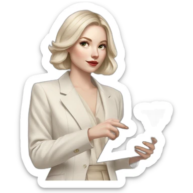 pale skin woman with ash blonde Straightened bob Hair, White Spacious classical jacket, beige palazzo Arrow pants and gray blouse holding RAL colour palette in the hands sticker