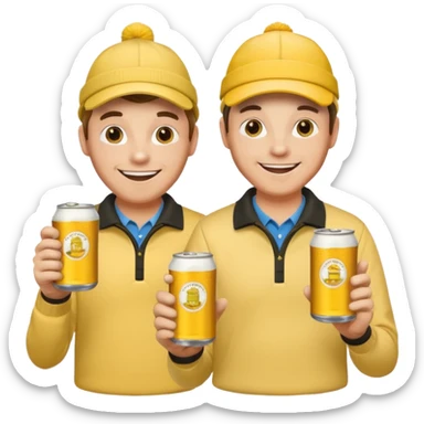 16 men on a golf trip wearing yellow golf caps all holding a beer can with a Xmas style label. Has to be 16 of them. sticker