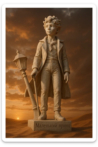 ultra-realistic full-length marble sculpture of the Little Prince standing in desert sands next to a broken lamppost, pedestal engraved with 'Маленький принц', dramatic sunset lighting, low-angle view from below, highly detailed, photorealistic sticker