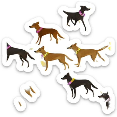  brindle brown black maroon striped lurcher Alsatian fox running blue eyes and iridescent holographic oilslick harness wearing paper iridescent tropical flower crown yellow caution tape sticker