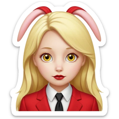 Woman with porcelain white skin, thick blonde hair that's in a thick, long ponytail, has the nose of a bunny, yellow scleras, red pupils, and a red suit with a black tie. sticker