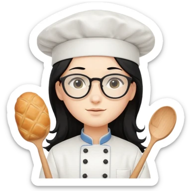 Profesora de pastelería, piel blanca con gafas y pelo negro largo sticker