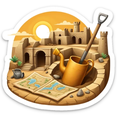 An icon showing an ancient city excavation site with a shovel, an old map, and uncovered ancient amphoras. The design captures the thrill of uncovering historical treasures and ruins. Transparent background highlights the excitement of archaeological discovery. sticker