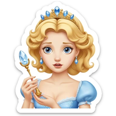 Cinematic Funny Cinderella Portrait Emoji, Stunned expression as she holds a glass slipper much too big, one eyebrow raised, golden curls slightly messy, a mix of royal grace and unexpected humor, capturing a lighthearted twist on her fairy tale moment! sticker