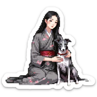 A very beautiful and attractive 25-year-old Chinese woman with long flowing black hair and a pure solid dark grey whippet with ABSOLUTELY NO white markings anywhere on its body sitting under a cherry blossom tree. The whippet must be completely solid dark grey with no white on chest, no white on muzzle, no white on paws - entirely one solid dark grey color. sticker