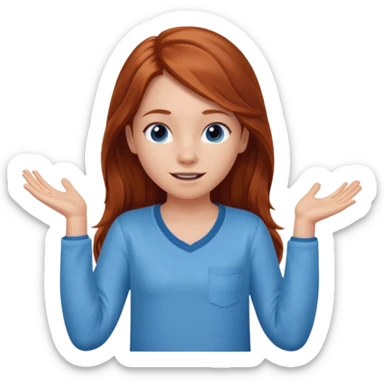 shrugging happy emoji tween long auburn hair light blue shirt with a darker blue L sticker