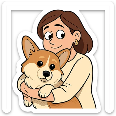 Create an image in a cartoon style similar to the previous one, showing a woman with brown hair and golden ring earrings hugging a corgi dog. The background should be transparent. Use the reference photo for inspiration. sticker