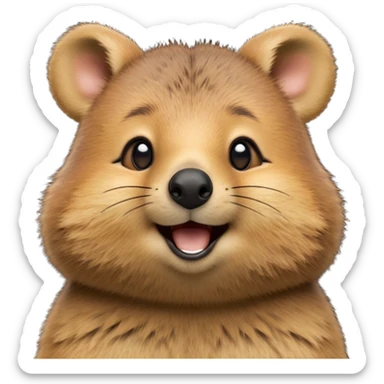 cinematic-realistic quokka-emoji,-small-round-frame, head tilted in an endearing manner, comical smile, round cheeks, giant-fluffy-cheeks-large-smile-fluffy-brown-fur-radiating-a-warm-softness,-big-round-eyes-filled-with-joy, realistic round  fluffy zoomed in, large black eyes one paw raised  sticker