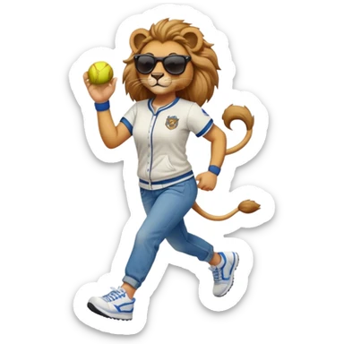 friendly anthropomorphised female lion wearing a baseball shirt, jeans, trainers, dark sunglasses, jogging upright, dominant confident expression sticker